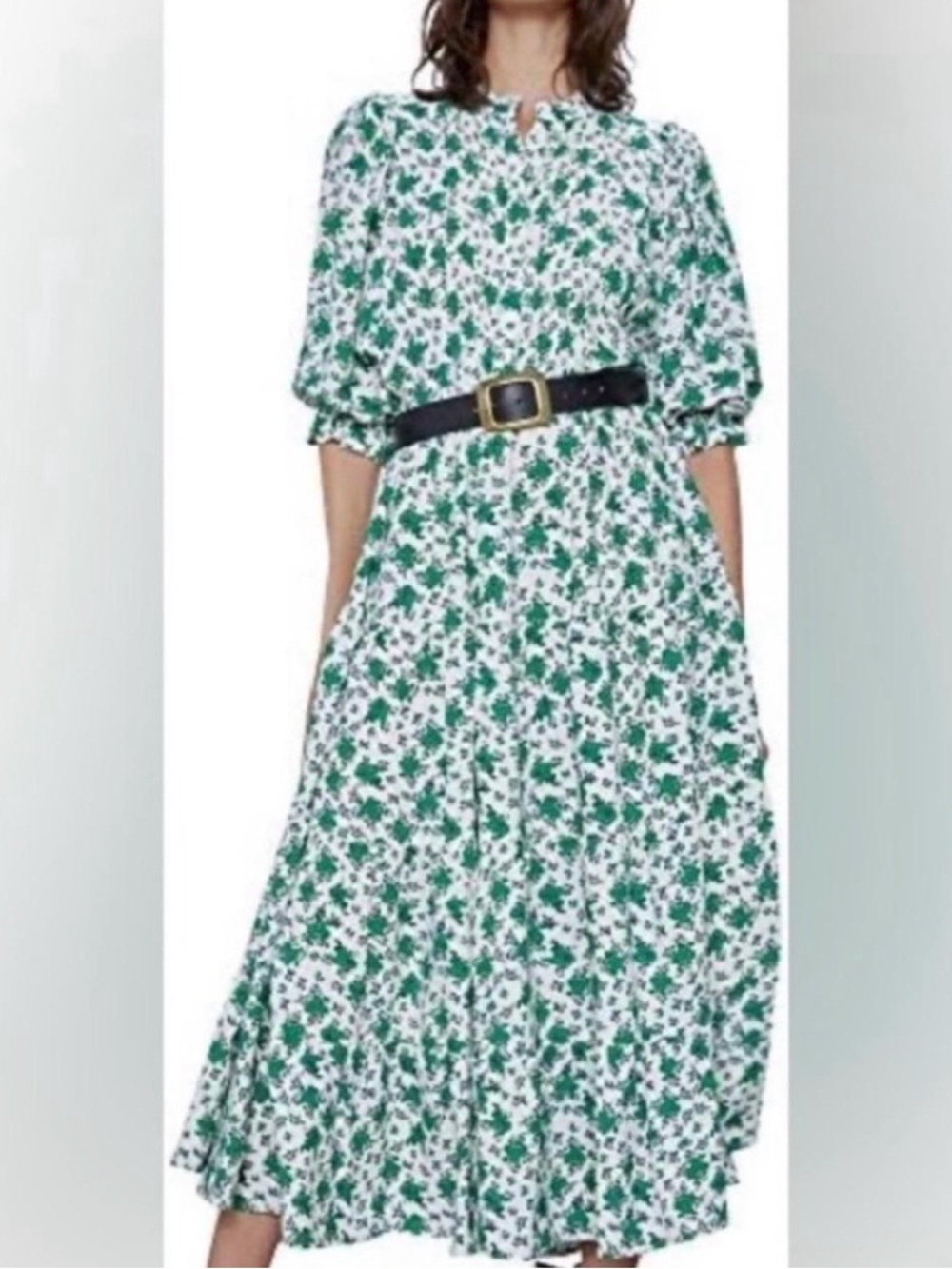 Zara White Midi Dress with Green Floral Print